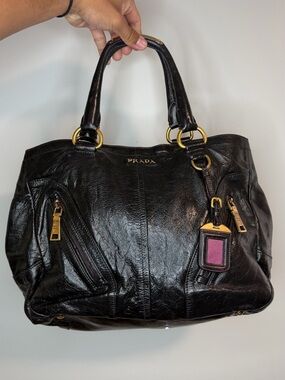 Prada Black Leather Shoulder Bag with Pink Tag